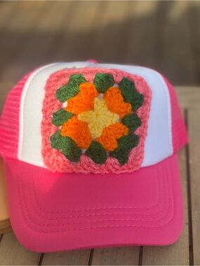 Pink Trucker Hat with Crocheted Flower Patch